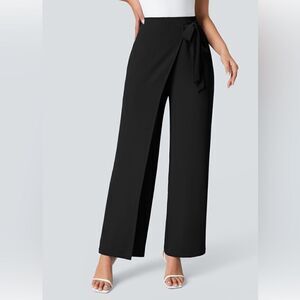 Ivan Grundahl Zs 44 black wide trousers wrap front and side tie, wool blend